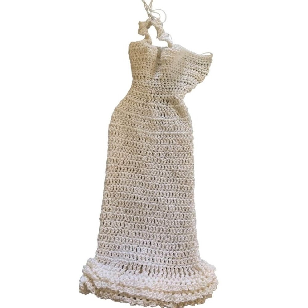 Vintage Hand Crocheted Barbie Maxi Dress Cream Elegant Ruffled Hem Collectible C